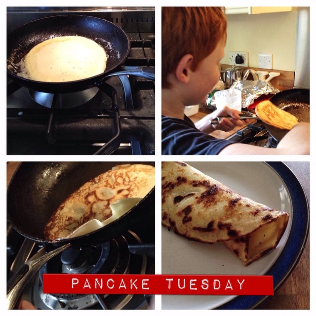 Making pancakes today (sufficiently recovered from the croup that kept him home from school). Lemon, sugar, banana AND maple syrup all added – how do you love your pancakes?