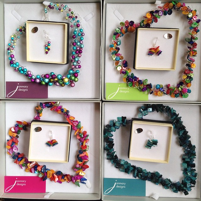 Selection of Janmary Designs earrings and crocheted beaded necklaces ready for Memento Gifts, Portrush