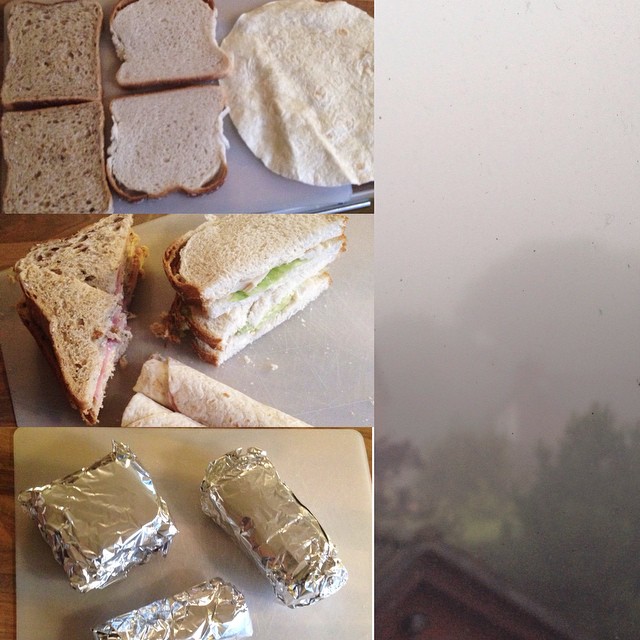 Making packed lunches for school on a misty morning – 3 kids, 3 different bread/filling preferences!