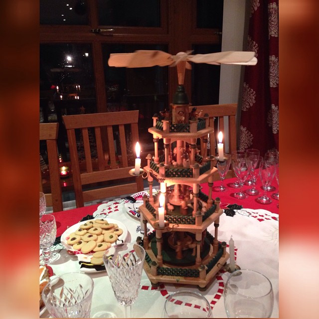 Beautiful Christmas pyramid and a lovely supper with friends this evening (our son used to call this a Jesus helicopter!)