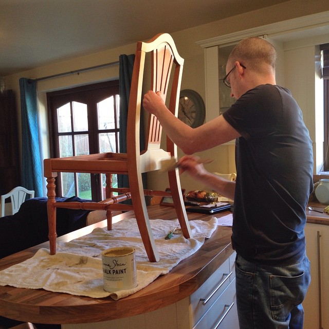 Annie Sloan chalk paint makeover in progress – my husband is painting our dining room furniture