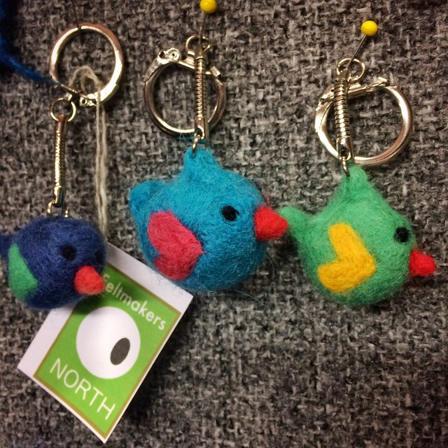 Cute needle felted bird keyrings at Feltmakers North stand, Craft Show, Belfast