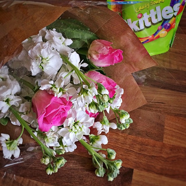 Celebrating with my daughter the end of her AS exams – flowers and sour skittles
