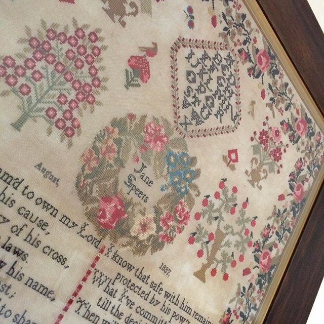 Vintage sampler – remember this on my granny's wall as a child – now on my wall, but never discovered who Jane Speers was who created it