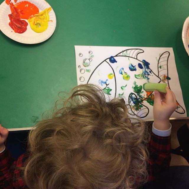 Painting fish with celery sticks at Toddler Group today