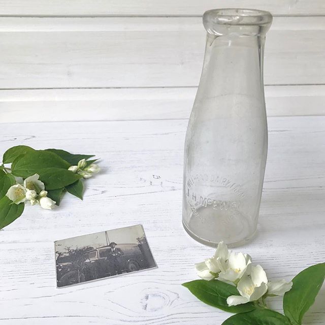 An old milk bottle from my grandfather's Hillhead Dairy in Crawfordsburn and a photo of grandfather's delivering the milk