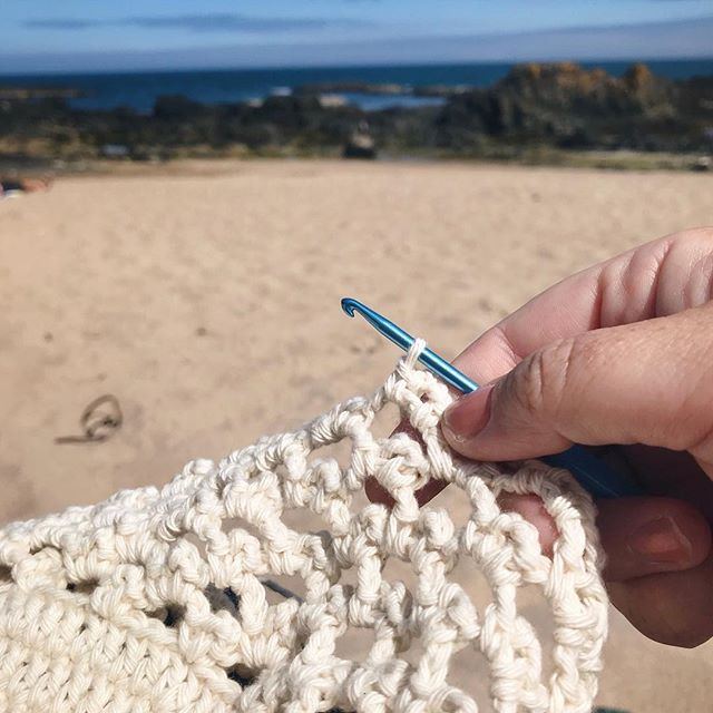 Enjoying Portballintrae beach and doing a bit of crocheting too!